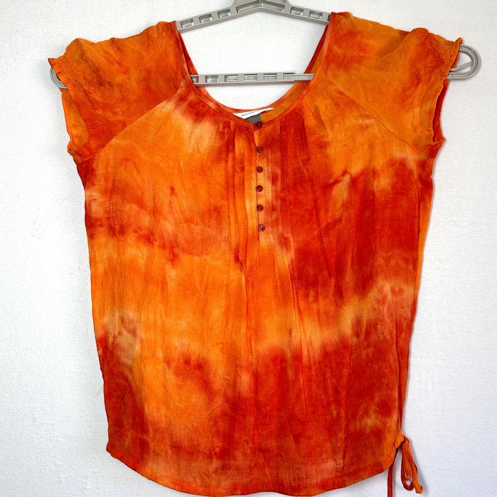 Christopher & Banks Orange Tie Dye Boho Top XL Waist Tie Short Sleeves Pullover